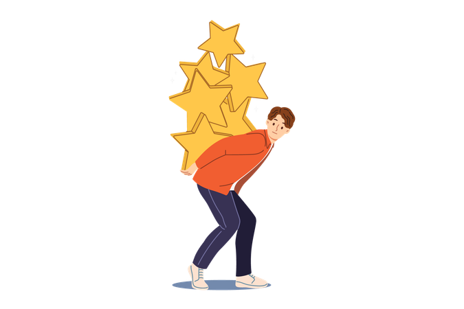Homem perfeccionista cansado devido à pressão dos altos padrões da empresa se curva sob o peso das estrelas douradas  Ilustração