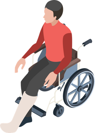 Homem com perna fraturada sentado em cadeira de rodas  Ilustração