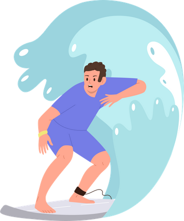 Personagem de homem extremamente andando de prancha de surf na superfície da água do oceano  Ilustração