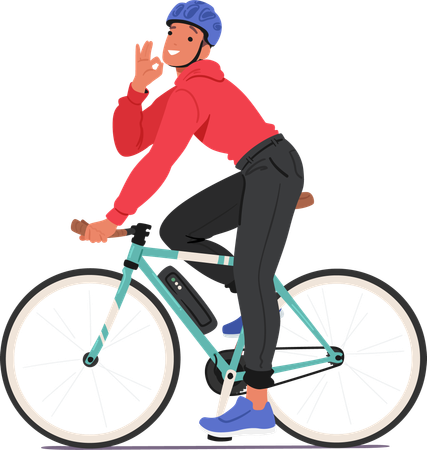 Personagem masculino desliza sem esforço pelas ruas da cidade em bicicleta elétrica  Ilustração