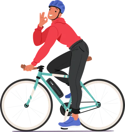 Personagem masculino desliza sem esforço pelas ruas da cidade em bicicleta elétrica  Ilustração