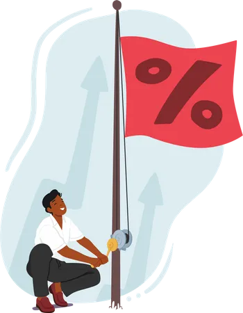 Personagem masculino levanta bandeira com sinal de porcentagem  Ilustração