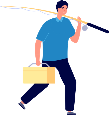 Homem pescador segurando roubo de pesca e saco de pesca  Ilustração