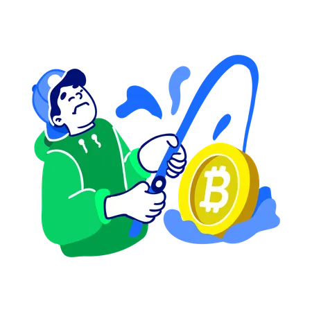 Homem pescando bitcoin  Ilustração