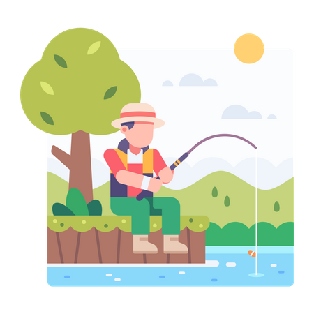 Homem pescando na lagoa  Ilustração