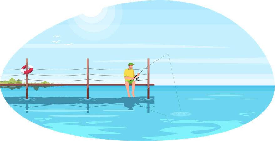 Homem pescando na ponte durante o dia  Ilustração