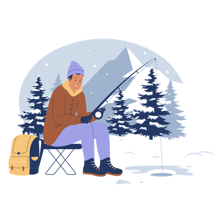 Homem pescando na temporada de inverno  Ilustração