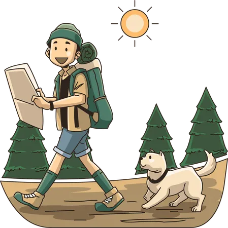 Homem Search trilhas para caminhadas com mapas  Ilustração