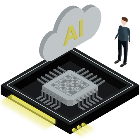 Homem pesquisando sobre design de chip de IA em nuvem  Ilustração