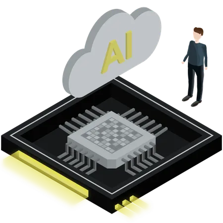 Homem pesquisando sobre design de chip de IA em nuvem  Ilustração