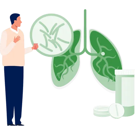 Homem pesquisando sobre infecção pulmonar  Ilustração