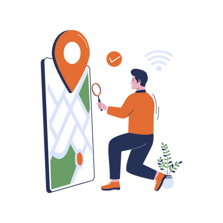 Homem pesquisa localização no celular  Ilustração
