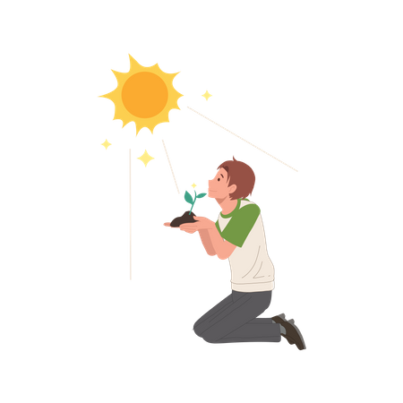 Homem plantando broto de árvore sob o raio de sol quente  Ilustração