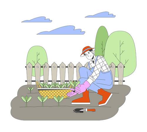 Homem plantando mudas na horta  Ilustração