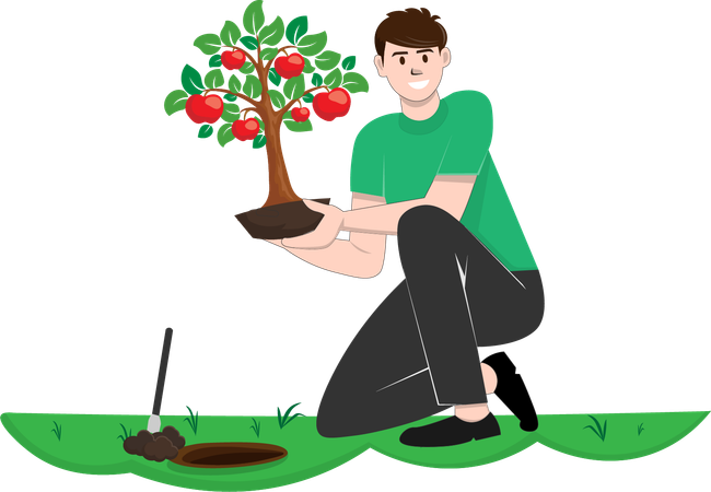 Homem plantando uma macieira no jardim  Ilustração