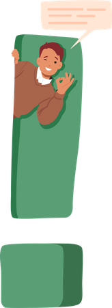 Homem positivo e confiante com balão de fala dentro de um enorme ponto de exclamação  Illustration