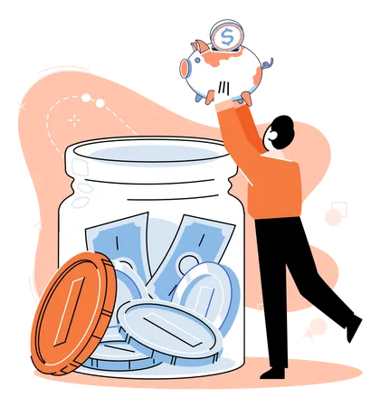 Homem economizando dinheiro no cofrinho  Ilustração