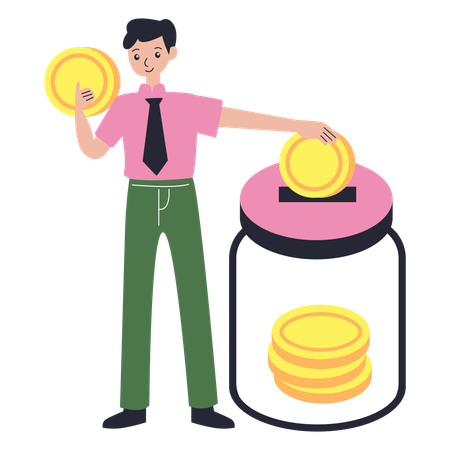 Homem economizando em Money Jar  Ilustração