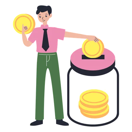 Homem economizando em Money Jar  Ilustração