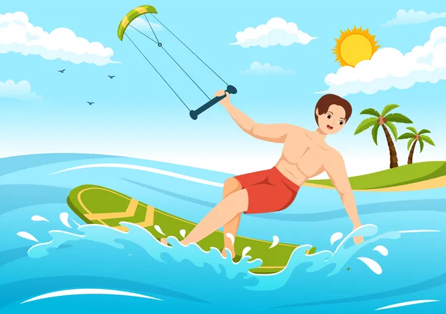 Macho praticando kitesurf no mar  Ilustração