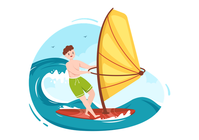 Homem praticando windsurf  Ilustração