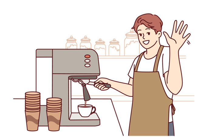 Homem prepara café em máquina de venda automática  Ilustração