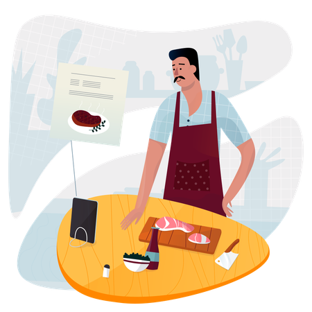 Homem preparando bife para jantar  Ilustração