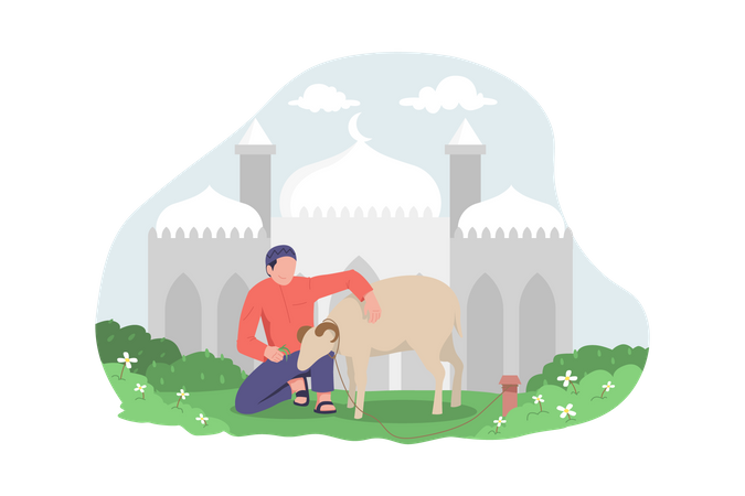 Homem preparando cabra para celebração do Eid Al Adha  Ilustração