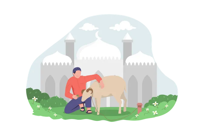 Um Homem Com Cabra Em Frente A Mesquita Se Preparando Para Celebrar A Ilustracao De Eid Al Adha Ilustração