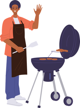 Homem preparando carne de bife de churrasco na grelha  Ilustração