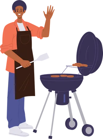 Homem preparando carne de bife de churrasco na grelha  Ilustração