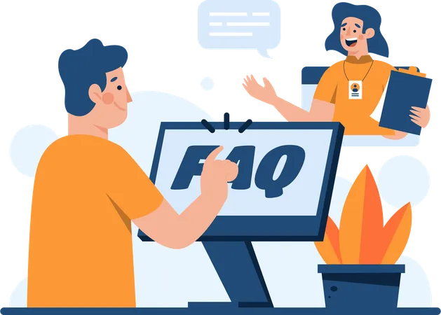 Homem procurando explicação de perguntas frequentes usando computador  Ilustração
