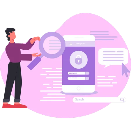 Homem procurando senha de segurança do celular  Ilustração