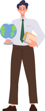 Personagem de professor de geografia homem segurando o globo terrestre e livros em pé  Ilustração