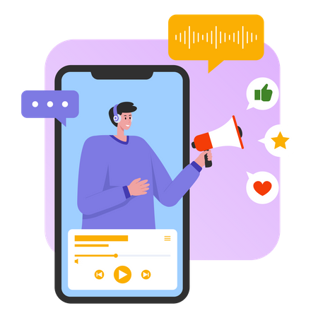 Homem promovendo podcast através de plataforma de mídia social  Illustration