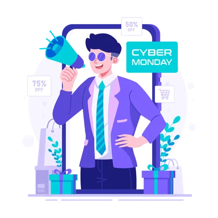 Homem promovendo preço com desconto na cyber segunda-feira  Ilustração