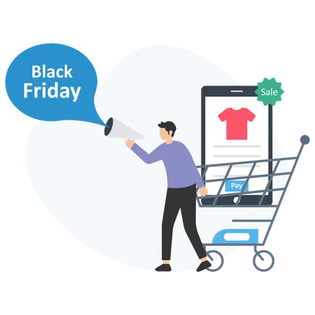 Homem promovendo liquidação de black friday  Ilustração