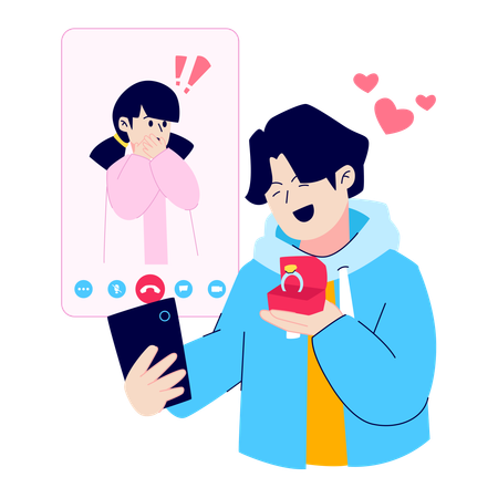 Homem propondo mulher através de smartphone  Ilustração