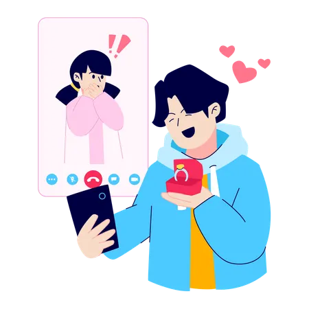 Homem propondo mulher através de smartphone  Ilustração