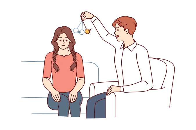 Homem psicoterapeuta hipnotiza paciente usando pêndulo para resolver problemas psicológicos  Ilustração