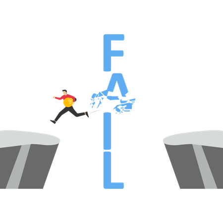 Homem pulando e destruindo o muro do fracasso  Ilustração