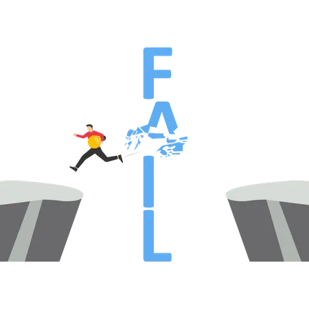 Homem pulando e destruindo o muro do fracasso  Ilustração