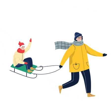 Homem puxando trenó de neve  Ilustração