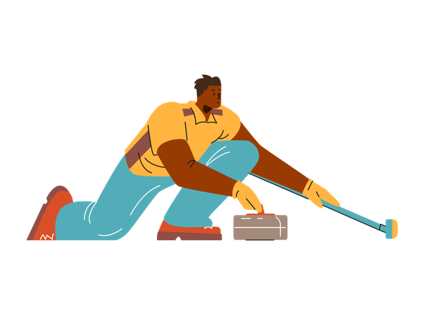 Curler masculino deslizando no gelo com pedra e escova profissional  Ilustração