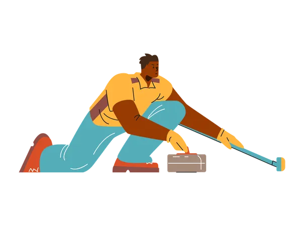 Curler masculino deslizando no gelo com pedra e escova profissional  Ilustração