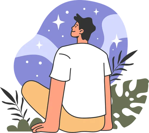 Homem olhando estrela à noite  Ilustração