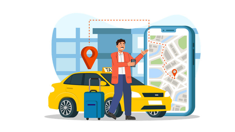 Homem rastreando táxi em aplicativo móvel  Ilustração