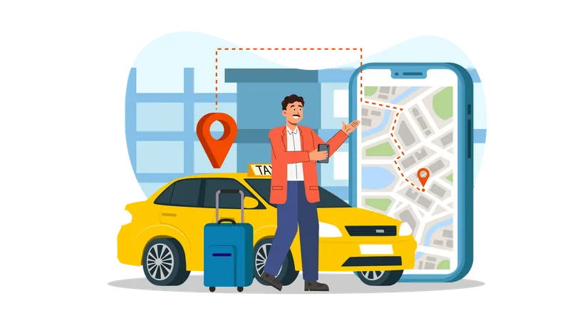 Homem rastreando táxi em aplicativo móvel  Ilustração