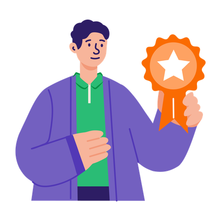 Homem de sucesso mostrando distintivo  Ilustração