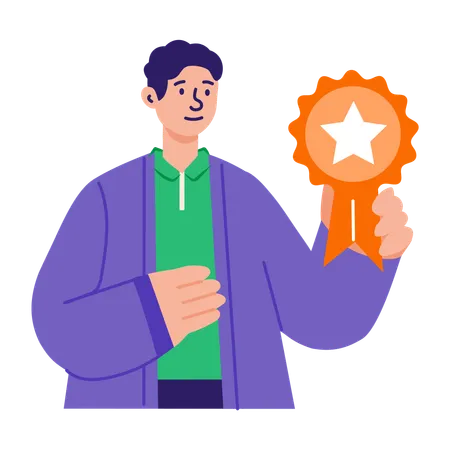 Homem de sucesso mostrando distintivo  Ilustração